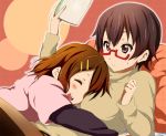  brown_eyes brown_hair closed_eyes glasses hatasuke hirasawa_yui hug k-on! manabe_nodoka pillow red-framed_glasses semi-rimless_glasses short_hair short_over_long_sleeves sweater under-rim_glasses 