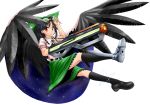  arm_cannon asymmetrical_clothes black_hair bow cape cosplay error goggles goggles_on_head hair_bow la_hawzel la_hawzel_(cosplay) long_hair mismatched_footwear qbthgry rance_(series) red_eyes reiuji_utsuho solo third_eye touhou weapon wings 