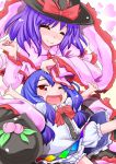  arms_up bloomers blue_hair bowtie closed_eyes food fruit hat hat_removed hat_ribbon headwear_removed hinanawi_tenshi long_hair mayuge_inu nagae_iku open_mouth peach red_eyes ribbon scarf short_hair smile touhou wink young 