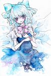  blue_eyes blue_hair bow cirno dress hair_bow miri short_sleeves solo touhou traditional_media watercolor_(medium) wings 