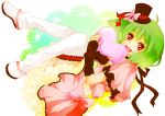  bow fang fingerless_gloves floating gloves green_hair hat heart hug macross macross_frontier mini_top_hat open_mouth ranka_lee red_eyes ribbon short_hair sideways smile solo thigh-highs thighhighs top_hat y-614 