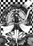  azelye checkered checkered_background graphite_(medium) greyscale hane_(azelye) hat monochrome scroll shikieiki_yamaxanadu skirt skull touhou traditional_media 