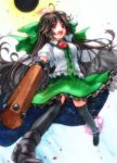  arm_cannon arm_up black_legwear black_sun black_thighhighs bow brown_hair dress geroro hair_bow long_hair open_mouth pointing raised_hand red_eyes reiuji_utsuho short_sleeves solo thigh-highs thighhighs touhou weapon wings 
