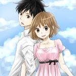  1girl black_eyes black_hair blush brown_eyes brown_hair chiaki_shin'ichi chiaki_shinichi cloud clouds couple dress mari_(10180513) noda_megumi nodame_cantabile pink_dress short_hair white_shirt 