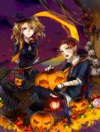  arms_behind_back blonde_hair bow broom candy costume fingerless_gloves gloves hairband halloween hat highres long_hair nail_polish orange_eyes original pointy_ears pumpkin purple_eyes red_hair redhead short_hair sitting smile twintails violet_eyes witch_hat 