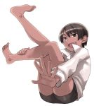  androgynous barefoot bike_shorts black_eyes black_hair dark_skin fang fate/hollow_ataraxia fate/stay_night fate_(series) feet foreshortening hands legs makidera_kaede open_mouth popped_collar short_hair smile tomboy yu_65026 
