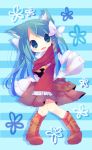  1girl ana_(rznuscrf) animal_ears blue_hair boots darun-chan no_nose original oversized_clothes scarf simple_background skirt sleeves_past_wrists smile solo striped striped_background 