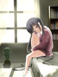  barefoot bed black_hair brown_eyes frog k-on! long_hair nakano_azusa no_pants nuezou statue sweater twintails 