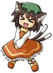  &gt;_&lt; animal_ears brown_hair chen earrings elroadmaster fang hat jewelry multiple_tails short_hair tail touhou transparent_background x3 