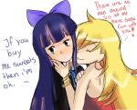  blonde_hair blush bow bracelet closed_eyes dress earrings english green_eyes hair_bow hair_ornament incest jewelry long_hair multicolored_hair multiple_girls panty_&amp;_stocking_with_garterbelt panty_(character) panty_(psg) purple_hair ribbon roos-vicee siblings sisters smile stocking_(character) stocking_(psg) yuri 