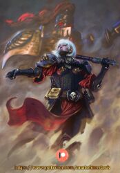  1boy 1girl adepta_sororitas adeptus_custodes anato_finnstark aquila_(symbol) armor artist_name black_armor bolt_pistol breastplate breasts commentary english_commentary explosive fleur-de-lis full_armor glowing glowing_eyes gold_armor grenade guardian_spear helm helmet highres holding holding_sword holding_weapon imperial_aquila imperium_of_man medium_hair patreon_logo patreon_username pauldrons pelvic_curtain pointing polearm power_armor power_sword red_eyes red_plume scar shoulder_armor skull_ornament sword warhammer_40k weapon web_address 