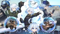  1girl absurdres ahoge aircraft aircraft_carrier airplane alternate_universe baek_hyang blue_eyes blue_hair chibi chibi_inset fighter_jet furina_(genshin_impact) genshin_impact hat helmet highres imagining military_uniform military_vehicle multiple_views pilot_helmet removing_helmet resized ship short_hair tagme upscaled warship watercraft 