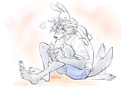 animal_ears artist_name beastars blush book claws closed_eyes closed_mouth commentary_request couple denim denim_shorts furry furry_female furry_male furry_with_furry happy haru_(beastars) height_difference highres holding holding_book legoshi lokiyoe looking_up lying lying_on_person nose_blush on_stomach open_book rabbit_ears rabbit_girl rabbit_tail shirt short_sleeves shorts tail tail_wagging white_shirt wolf_boy wolf_ears wolf_tail 