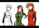  blue_eyes blue_hair bodysuit brown_hair chikuyama evangelion:_2.0_you_can_(not)_advance glasses makinami_mari_illustrious neon_genesis_evangelion open_mouth plugsuit rebuild_of_evangelion red_eyes shikinami_asuka_langley smile souryuu_asuka_langley two_side_up white 