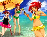  3girls beach bikini food headband outdoors sky swimsuit tagme tears twintails umbrella 