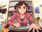  brown_hair computer computer_keyboard computer_mouse eye_reflection fisheye foreshortening hands headphones hoodie lips munakata_(hisahige) oekaki_musume original pixiv reflection short_hair solo tablet twintails wacom 