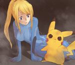  1girl blonde_hair blue_eyes bodysuit breasts long_hair metroid ochappa pikachu pokemon pokemon_(creature) samus_aran spandex 