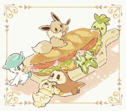  brown_fur chibi eevee fidough food fuecoco green_fur no_humans pokemon pokemon_(creature) quaxly sandwich smoliv sprigatito two-tone_fur yellow_fur yurano_(upao) 