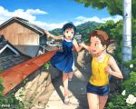  2girls blue_hair brown_hair dress holding_hands katou_akatsuki multiple_girls open_mouth original outdoors running short_hair shorts sky tank_top wallpaper 