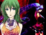  2girls blue_hair bust detached_sleeves flower frills green_eyes green_hair gumi hair_flower hair_ornament hair_over_eyes hatsune_miku necktie open_mouth skirt smile twintails very_long_hair vocaloid wing_collar 