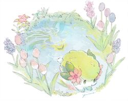  flower giratina giratina_(origin) no_humans pink_flower pink_tulip pokemon pokemon_(creature) purple_flower shaymin shaymin_(land) tulip water yurano_(upao) 