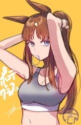  1girl absurdres animal_ears arlcn_(arlcn_1115) arm_up armpits blue_eyes brown_hair grass_wonder_(umamusume) grey_sports_bra hair_tie_in_mouth highres horse_ears horse_girl long_hair looking_at_viewer medium_hair mouth_hold multicolored_hair navel parted_bangs ponytail sidelocks signature simple_background solo sports_bra streaked_hair translation_request tying_hair umamusume very_long_hair watermark white_hair yellow_background 