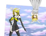  artist_request bare_shoulders blonde_hair dual_persona gloves hair_bow hairclip kagamine_rin meltdown_(vocaloid) sky source_request thigh-highs violet_eyes vocaloid 