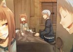  ayakura_juu bed brown_hair craft_lawrence highres holo long_hair red_eyes scan sitting spice_and_wolf wink wolf_ears 