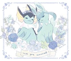  artist_name blue_flower blue_fur blue_rose bow bowtie closed_eyes dated flower glaceon no_humans pokemon pokemon_(creature) rose two-tone_fur vaporeon white_bow white_bowtie yurano_(upao) 