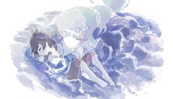  1boy barefoot black_hair blue_hair brown_shorts elio_(pokemon) feet long_hair partially_submerged pokemon pokemon_(creature) pokemon_sm primarina shorts starfish_hair_ornament water yurano_(upao) 