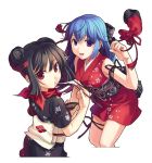  2girls black_hair blue_hair bow eating food japanese_clothes kimono kooh long_hair multiple_girls new_year official_art open_mouth pangya purple_eyes red_eyes seed_(artist) short_hair simple_background smile white_background 