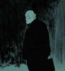  1boy bald black_jacket black_pants breaking_bad cowboy_shot facial_hair half-closed_eyes highres holding holding_suitcase jacket long_sleeves looking_down male_focus matias_bergara mature_male mike_ehrmantraut pants sketch solo standing stubble suitcase white_hair 
