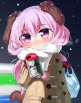  :&lt; animal_ears bag beer blush can coat dog_ears gloves long_hair original osatsu pink_eyes pink_hair scarf snow tail 