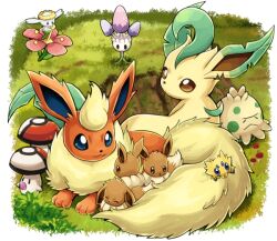  blue_eyes brown_eyes eevee flabebe flareon foongus grass joltik leafeon morelull no_humans orange_fur plant pokemoa pokemon pokemon_(creature) shroomish tail two-tone_fur yellow_fur 