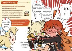  3girls absurdres ahoge biker_clothes bikesuit blonde_hair blush bodysuit chibi chibi_only covered_mouth covering_another's_mouth detached_sleeves dotted_line earrings english_commentary english_text expressive_hair flying_sweatdrops genshin_impact green_eyes hand_over_another's_mouth highres jewelry long_hair long_sleeves looking_at_another lumine_(genshin_impact) mavuika_(genshin_impact) multicolored_hair multiple_girls nose_blush numbered orange_hair redhead sesield single_detached_sleeve tan two-tone_hair v-shaped_eyebrows xilonen_(genshin_impact) 