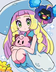  1girl blonde_hair braid character_doll clefairy closed_mouth cosmog doll dress flower green_eyes hat highres holding holding_doll lillie_(pokemon) long_hair looking_at_viewer pokemon pokemon_(creature) pokemon_sm sleeveless sleeveless_dress squatting twin_braids white_dress yoshishi_(yosisitoho) 