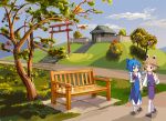  bench blonde_hair blue_dress blue_eyes blue_hair blue_sky bow child cirno cloud dress eyes friends grass hair_bow hat highres hill holding_hands moriya_suwako mountain multiple_girls outdoors ribbon scenery short_hair shrine sixten sky socks stairs thighs torii touhou tree wings 