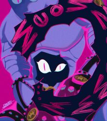  ... 2others absurdres artist_name black_gloves cococo029 colored_speech_bubble commentary_request diamond_wa_kudakenai film_grain gloves highres jojo_no_kimyou_na_bouken killer_queen looking_at_viewer multiple_others pink_background pink_pupils signature slit_pupils speech_bubble stand_(jojo) stray_cat_(jojo) 