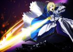  ahoge armor armored_dress blonde_hair blood dress excalibur fate/stay_night fate_(series) faulds gauntlets glowing glowing_weapon green_eyes hair_ribbon highres light open_mouth ribbon saber solo sword u+ weapon white_skirt wind 