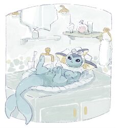  bathroom blue_skin cabinet colored_skin faucet glass indoors lying no_humans on_back pokemon pokemon_(creature) solo toothbrush vaporeon water yurano_(upao) 