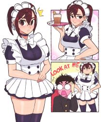  1boy 1girl absurdres apron ayase_momo black_hair blush brown_hair copyright_request couple dandadan drink english_text gakuran glasses highres jeff_miga maid maid_apron school_uniform simple_background takakura_ken_(dandadan) 