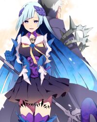  1boy 1girl back-to-back black_dress brynhildr_(fate) dress fate/grand_order fate_(series) highres holding holding_weapon long_hair looking_at_viewer multicolored_hair sigurd_(fate) smile swept_bangs two-tone_hair violet_eyes weapon you_(noanoamoemoe) 