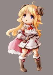  1girl ahoge animal_ears belt_pouch black_skirt blonde_hair breasts brooch cape chibi chibi_only commentary_request curled_horns detached_sleeves dress empire_waist full_body fur-trimmed_cape fur-trimmed_dress fur-trimmed_sleeves fur_trim grey_background hair_ornament hairclip hand_on_own_hip highres hololive horns jewelry long_hair looking_afar medium_breasts nymph_rhythm open_mouth pink_cape pouch red_brooch sheep_ears sheep_girl sheep_horns short_dress simple_background skirt skirt_under_dress sleeveless sleeveless_dress solo triangle_mouth tsunomaki_watame tsunomaki_watame_(1st_costume) underbust v-shaped_eyebrows violet_eyes virtual_youtuber white_dress 