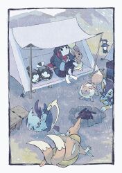  1girl akari_(pokemon) barefoot bird black_hair border brown_fur buneary dewott eevee floatzel hair_ornament hairclip lantern long_hair luxio pantyhose pokemon pokemon_(creature) pokemon_legends:_arceus rain red_scarf sash scarf shoes sitting starly tent two-tone_fur unworn_shoes white_border yurano_(upao) 