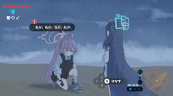  2girls absurdly_long_hair ammunition_pouch aris_(blue_archive) black_gloves blue_archive blue_eyes blue_footwear blue_hair blue_necktie bulletproof_vest gloves gun hair_between_eyes handgun heterochromia highres hoshino_(armed)_(blue_archive) hoshino_(blue_archive) hoshino_terror_(blue_archive) kneeling long_hair miaki_(mi_autumn39) multiple_girls necktie on_one_knee one_side_up open_mouth pink_hair ponytail pouch shirt sidelocks socks the_legend_of_zelda the_legend_of_zelda:_breath_of_the_wild very_long_hair video_game weapon white_shirt white_socks yellow_eyes 