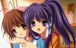  2girls brown_eyes clannad fujibayashi_kyou furukawa_nagisa long_hair ponytail purple_eyes purple_hair ribbon tagme 