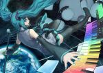  aqua_hair detached_sleeves earth gradient hatsune_miku instrument keyboard_(instrument) long_hair microphone microphone_stand nail_polish necktie outstretched_arm ryuutetsu skirt space synthesizer thighhighs twintails typhoon vocaloid zettai_ryouiki 