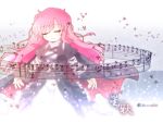  alternate_hair_color cape closed_eyes dress etogami_kazuya highres hijiri_byakuren leaf long_hair musical_note pink_hair sheet_music smile touhou wallpaper 