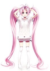  blush cute flat_chest green_eyes loli long_hair original pink_hair shimotsuki_eight smile sweater thigh_highs thighhighs twintails 