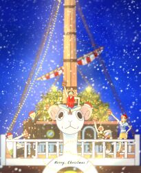  1girl 4boys ^_^ blonde_hair blue_shorts closed_eyes commentary_request cup going_merry green_hair hand_on_own_hip haramaki hat highres holding holding_cup korean_commentary merry_christmas monkey_d._luffy multiple_boys nami_(one_piece) night night_sky one_piece orange_hair pirate_ship ra_zz03 red_shirt roronoa_zoro sanji_(one_piece) santa_hat shirt shorts shroud_(sailing) sitting sky sleeveless straw_hat usopp 